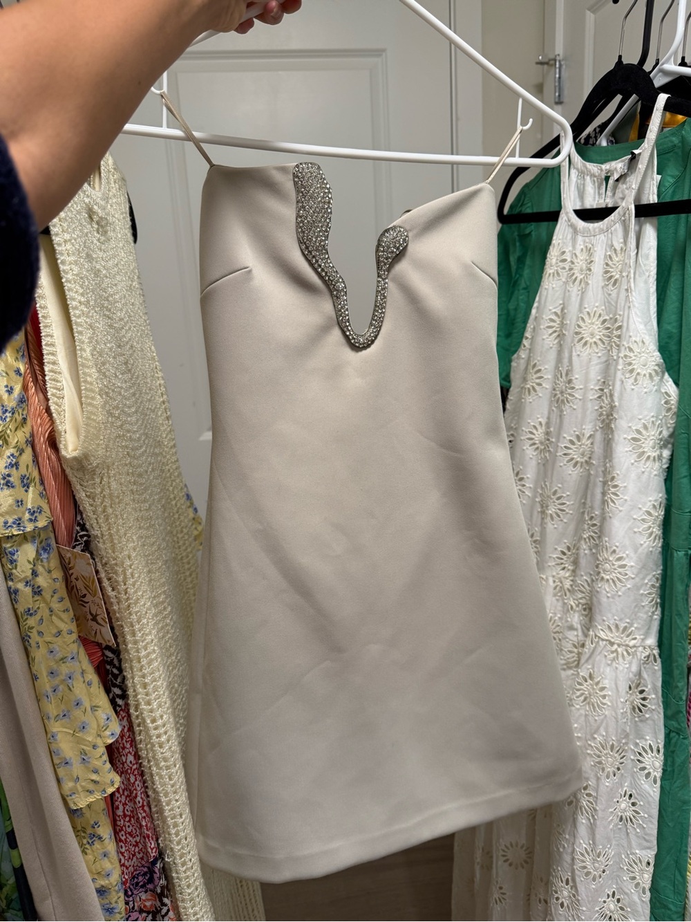 Zara Strapless Beige Mini Sheath Dress with Embellishment